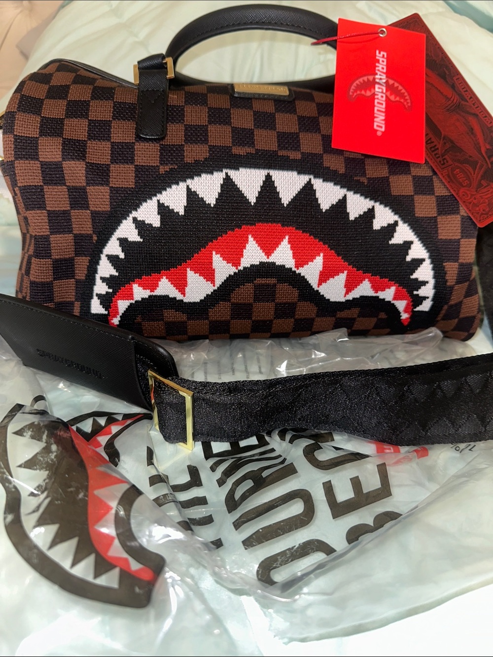 Sprayground KYOTOKNIT Sharks In Paris Mini Duffle🔥Checkered Travel Purse Bag